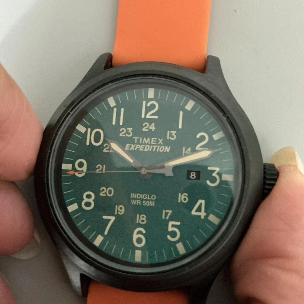 Timex Expedition Mens Watch 43mm Black Dial Orange Silicone Indiglo Date WR 50M